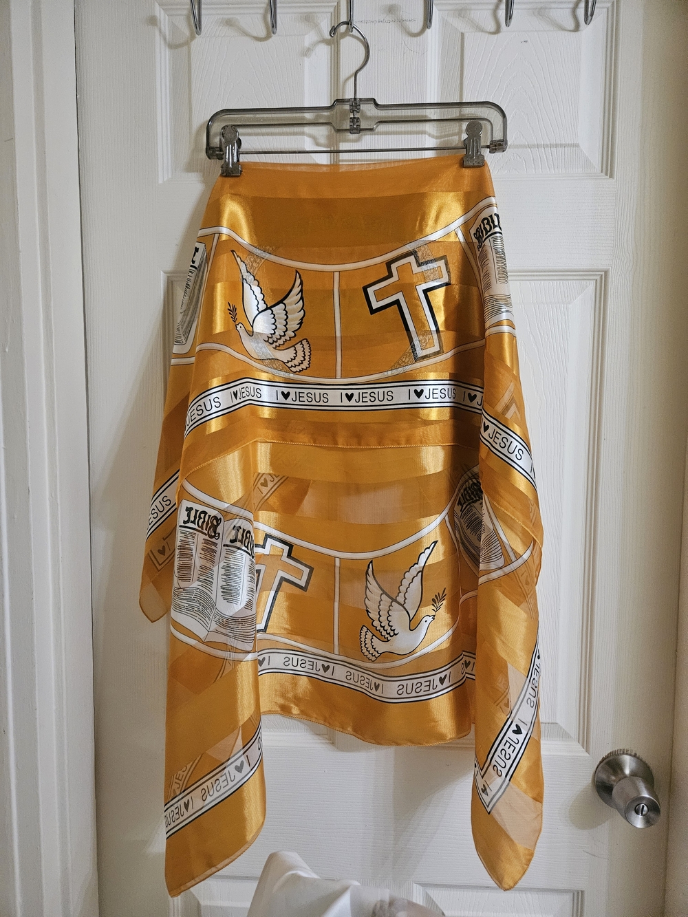 White & Gold Religious Print Satin Scarf - Picture 7 of 12